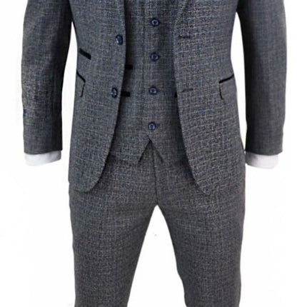 Mens 3 Piece Navy Blue Tweed Check Vintage Retro Suit