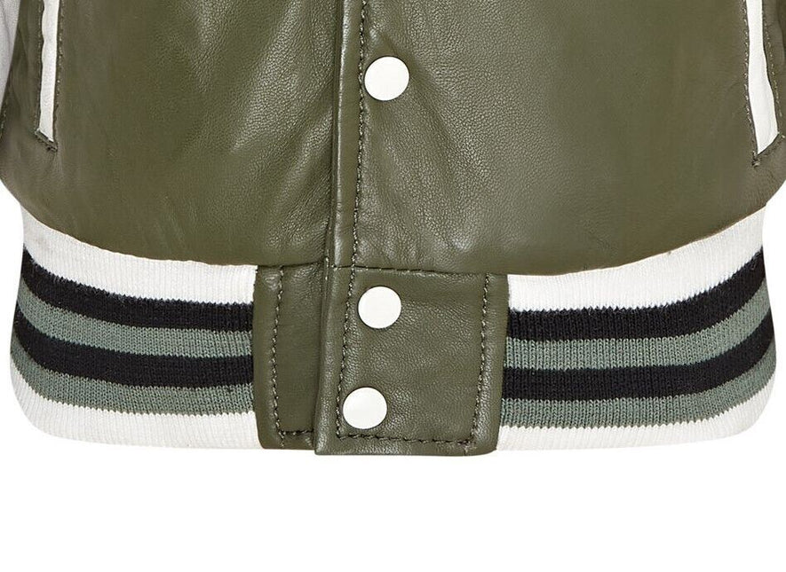 Kids Green Letterman Leather Varsity College Bomber Jacket