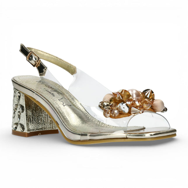 Laura Vita Women’s Marlene-12 Clear Golden Slip-On Cinderella Tapered Pump Heel Ankle Strap Sandals