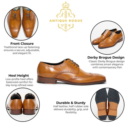 Antique Rogue Men’s Tan Brown Leather Oxford Derby Brogue - Luca