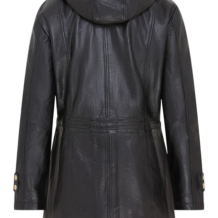 Women's Black Leather Parka Detachable Borg Hooded Trench Coat - Trekker