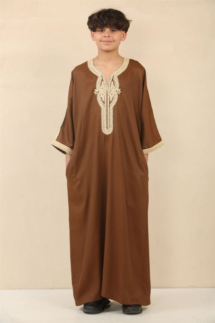 Kid's Boys Brown Moroccan Thobe Jubba Robe Eid Djellaba Gandoura