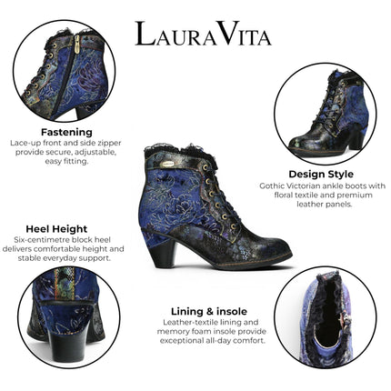 Laura Vita Women's Floral Goth Victorian Blue Leather Heeled Ankle Boots - Alcizeeo-190