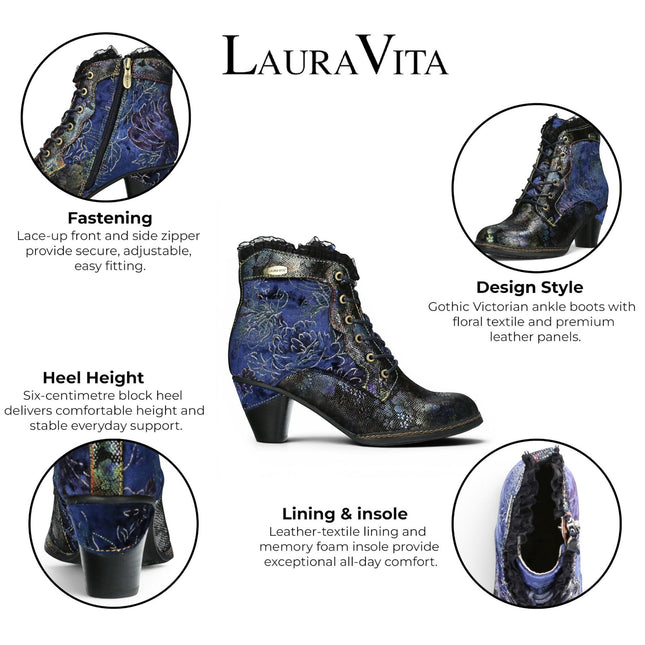 Laura Vita Women's Floral Goth Victorian Blue Leather Heeled Ankle Boots - Alcizeeo-190