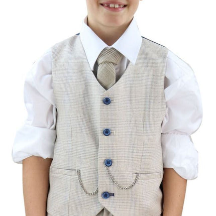 Boys 3 Piece Cream Herringbone Tweed Check Classic  Suit