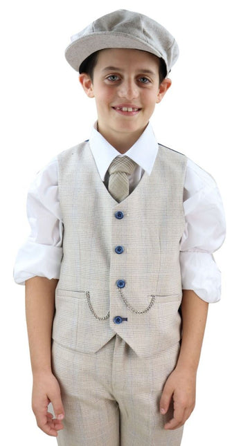Boys 3 Piece Cream Herringbone Tweed Check Classic  Suit