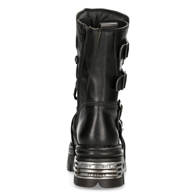 New Rock Unisex Black Leather Gothic Mid-Calf Boots - 373-S4