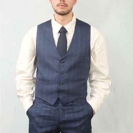Men's 3 Piece Prince Of Wales Blue Suit Workwear