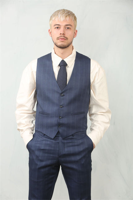 Men's 3 Piece Prince Of Wales Blue Suit Workwear