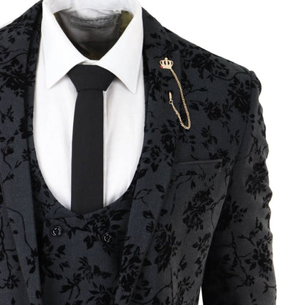 Mens 3 Piece Black Paisley Velvet Dinner Suit