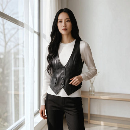 Womens Black Leather Waistcoat Biker Vest - MAM-WC