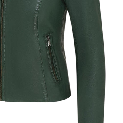 Womens Green Leather Stand Collar Racer Biker Jacket - 181