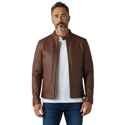 Mens Leather Brown Stand Collar Cafe Racer Biker Jacket - E184