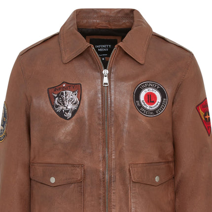 Men's Tan Brown Leather Bomber G-1 Aviator Collar Jacket  - Maverick