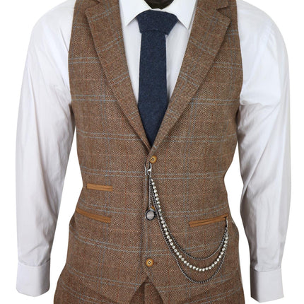 Mens 3 Piece Wool Suit Oak Brown Tweed Herringbone Check Peaky Blinders Gatsby