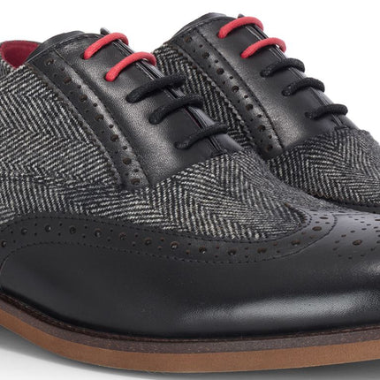 Justin Reess Men's Black Leather Tweed Brogue Shoes - Albert