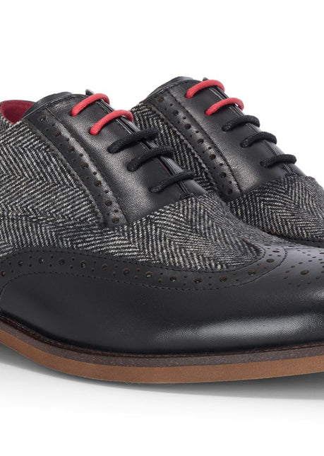 Justin Reess Men's Black Leather Tweed Brogue Shoes - Albert