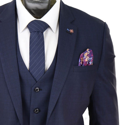 Mens 3 Piece Navy Blue Tailored Fit Retro Classic Suit