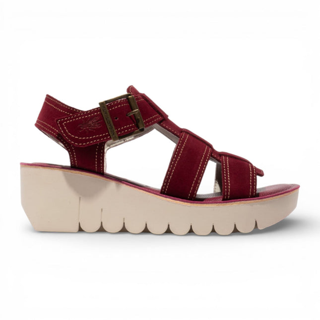 Fly London Women's YUDD236FLY Berry Red Leather Wedge Sandals