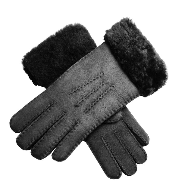 Infinity Leather Womens Black Sheepskin Suede Gloves with Fur Cuff