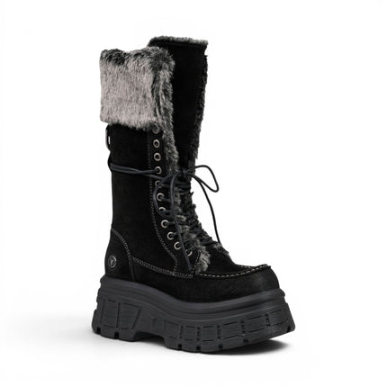 Windsorsmith Women's Black Suede Leather Platform Combat Fur Boots - Saintly
