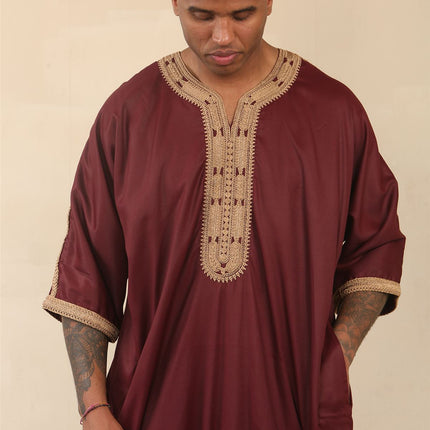 Men's Burgundy Moroccan Thobe Jubba Robe Eid Djellaba Gandoura