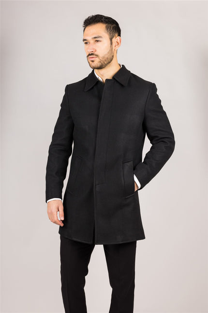 Men's Wool Blend Classic Collar Black Overcoat