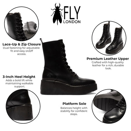 Fly London Womens Black Hait273 Leather Lace-Up Chunky Platform Ankle Boots