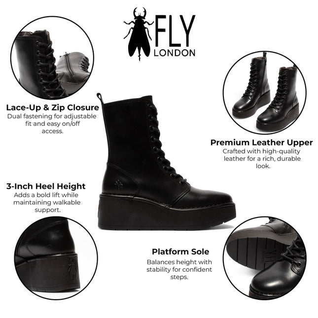 Fly London Womens Black Hait273 Leather Lace-Up Chunky Platform Ankle Boots