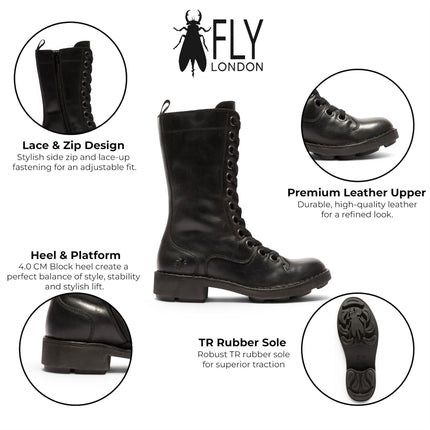 Fly London Women’s Black Leather Lace-Up Combat Ankle Boots- NOLE176