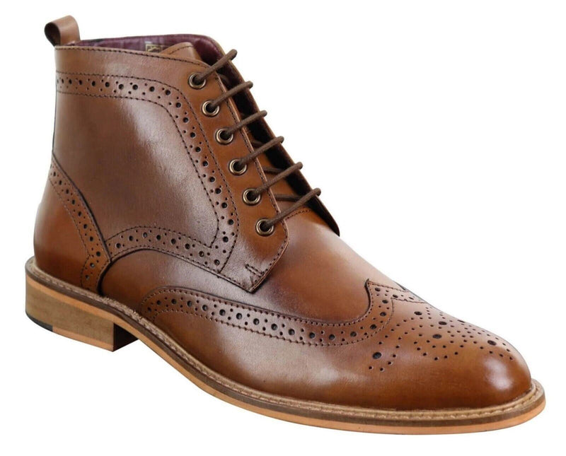Mens Classic Oxford Brogue Ankle Boots In Tan Leather
