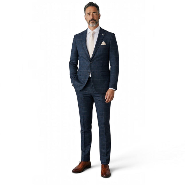 Men's Navy Tweed Herringbone Formal Check Blazer - Harris