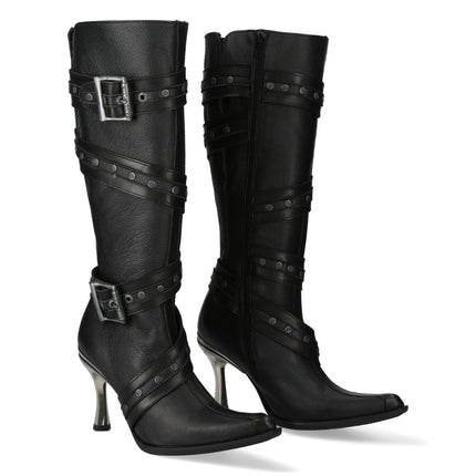 New Rock Womens Black Leather Gothic Knee-High Heeled Boots - M-9029-C10