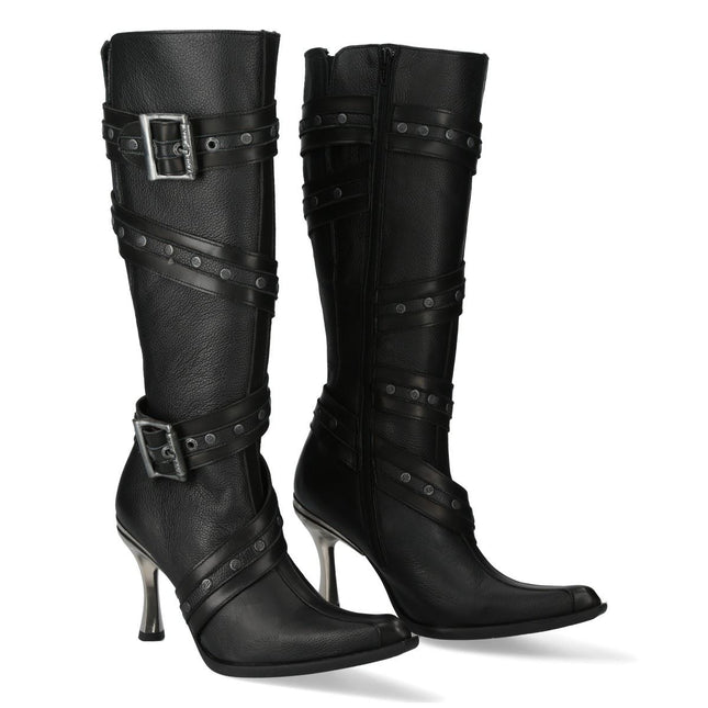 New Rock Womens Black Leather Gothic Knee-High Heeled Boots - M-9029-C10