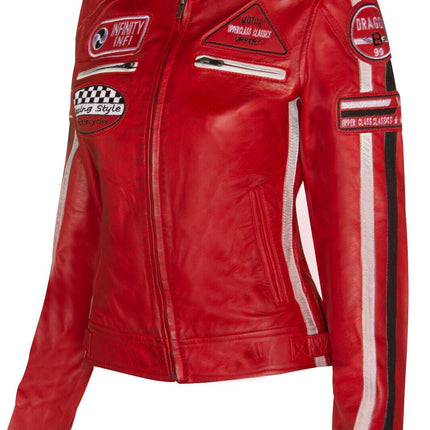 Womens Biker Racing Badges Leather Jacket-Eastleigh