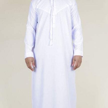 Men's White Thobe Emirati Islamic Jubba Robe Eid Tassel Slim Fit