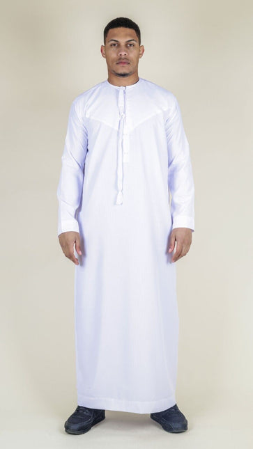 Men's White Thobe Emirati Islamic Jubba Robe Eid Tassel Slim Fit
