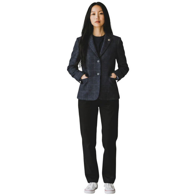 Women's Navy Tailored Check Tweed Blazer Formal Jacket - TPSTZ-7
