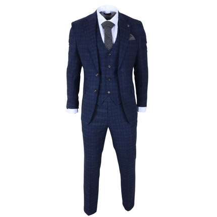 Men's Navy Blue Plain Check 3 Piece Suit Slim Fit Formal Suit