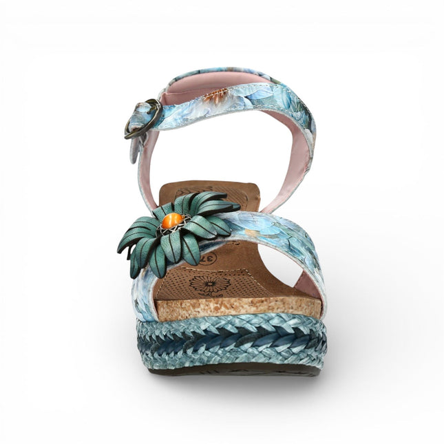 Laura Vita Women's Facyo 75 Blue Floral Leather Wedge Espadrille Sandals