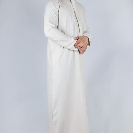 Men's Beige Thobe Emirati Islamic Jubba Robe Eid Tassel Slim Fit