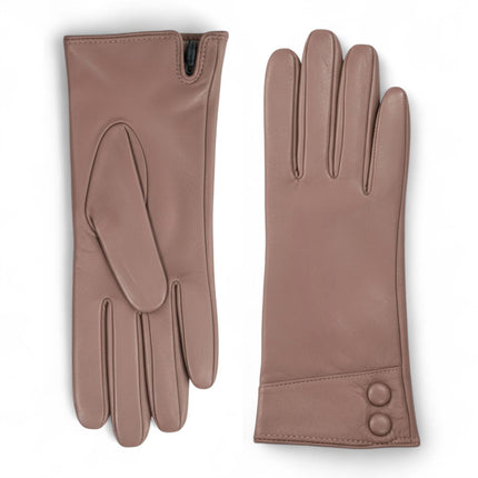 Womens Nude Beige Italian Leather Winter Button Design Soft Wool Lining Gloves - L-GLV-501