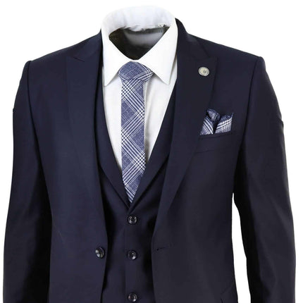 New Mens 3 Piece Suit Plain Navy Classic Tailored Fit Smart Casual 1920s Formal