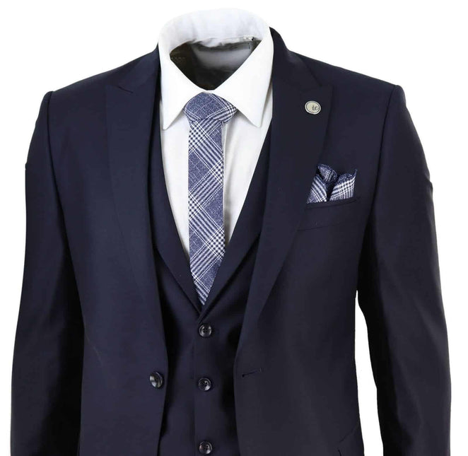 New Mens 3 Piece Suit Plain Navy Classic Tailored Fit Smart Casual 1920s Formal