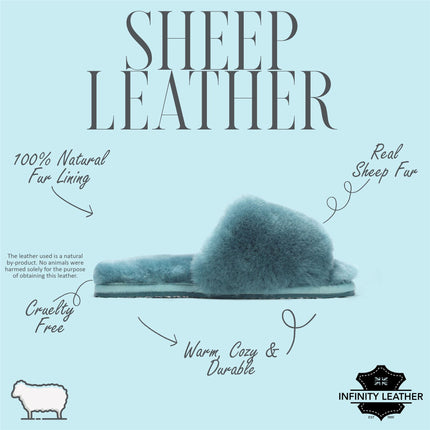 Women's Sheepskin Slippers Teal Warm Winter Fur Sliders - Nordic