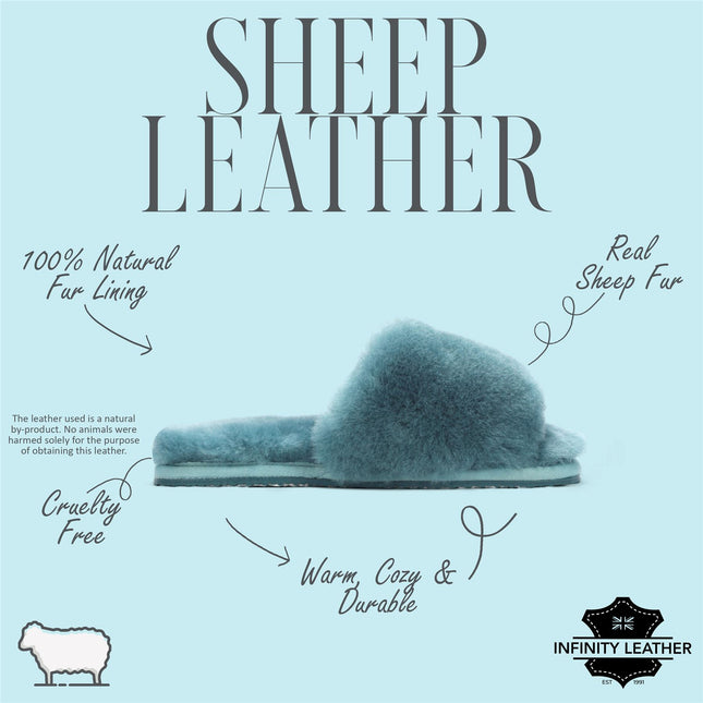 Women's Sheepskin Slippers Teal Warm Winter Fur Sliders - Nordic