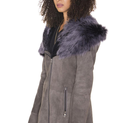 Womens Grey Suede Hooded Merino Sheepskin Coat-Monrovia