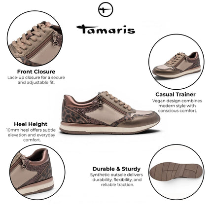 Tamaris Womens Taupe Faux Leather Fashion Lace Up Sneakers - 23613-46