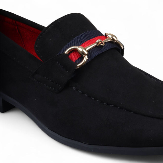 Men's Black Suede Loafers with Gold Buckle Slip-On Dress Shoes