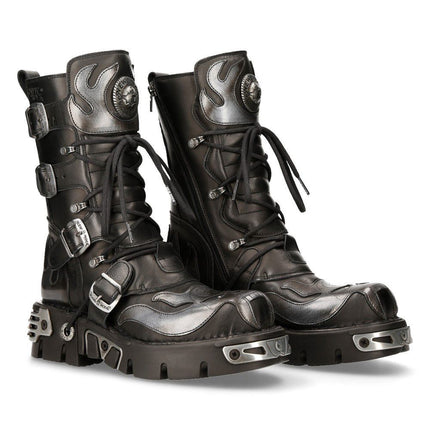 New Rock Flame Accented Black/Silver Leather Biker Boots - 107-S2